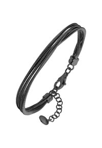 Black multi-strand bracelet featuring a textured wire design, metal hardware, and a lobster clasp with extension chain for adjustable sizing.
