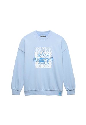 Lyseblå sweatshirt med en grafik af en tegneserie-burgerfigur og den gentagne tekst "Durr Burger" i hvid og blå på forsiden.