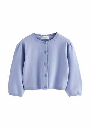 Cardigan pour tout-petit violet clair avec manches longues, encolure arrondie, poignets et ourlet côtelés, et cinq boutons en forme de fleurs sur le devant.