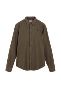 Camisa de cuadros marrón y beige con mangas largas, cuello abotonado y un bolsillo en el pecho con sutiles detalles del logotipo.