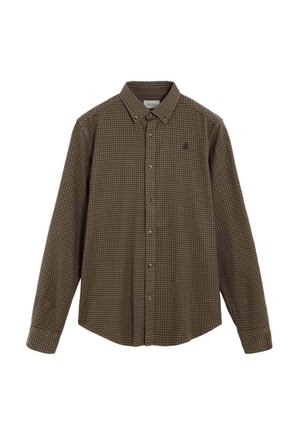 Camisa de cuadros marrón y beige con mangas largas, cuello abotonado y un bolsillo en el pecho con sutiles detalles del logotipo.