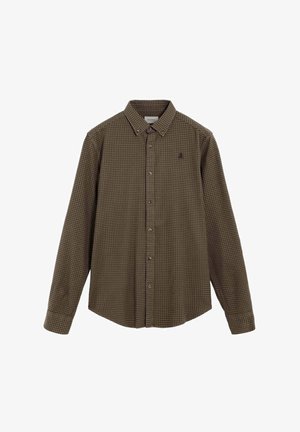 Camisa de cuadros marrón y beige con mangas largas, cuello abotonado y un bolsillo en el pecho con sutiles detalles del logotipo.