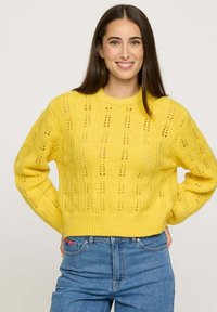 Femme souriante avec de longs cheveux noirs, portant un pull en tricot jaune et un jean bleu, se tenant les mains sur les hanches contre un fond uni.