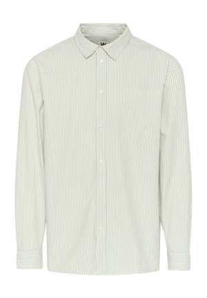 Light green striped long-sleeve shirt with a button-up front, classic collar, and single pocket on the left chest, made of cotton fabric.