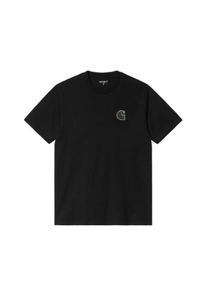 Czarny bawełniany t-shirt z krótkim rękawem, z kolorowym, małym haftowanym logo na lewej piersi. Klasyczny krój z okrągłym dekoltem.