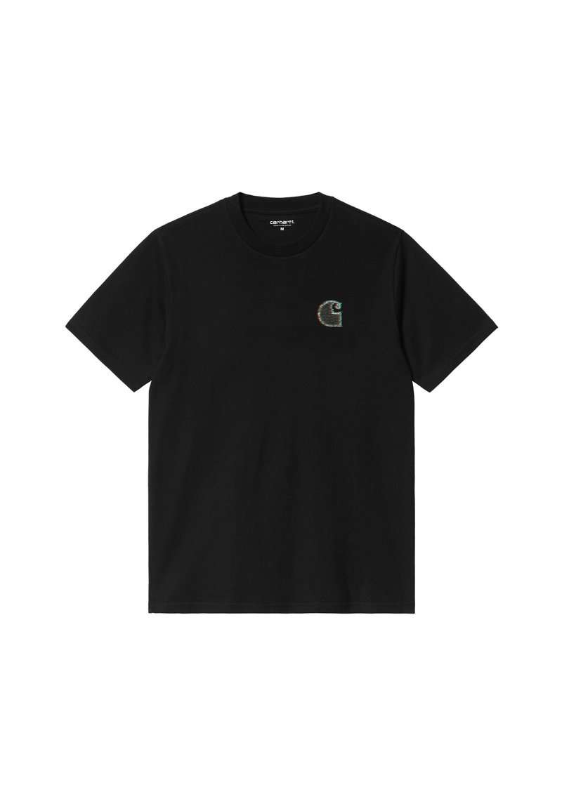 Czarny bawełniany t-shirt z krótkim rękawem, z kolorowym, małym haftowanym logo na lewej piersi. Klasyczny krój z okrągłym dekoltem.