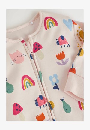 Svijetlo ružičasti zip-up kombinezon s šarenim uzorcima: mačke, gljive, duge, cvijeće i kukci. Mekani pamučni materijal, rebrasti manšeti.