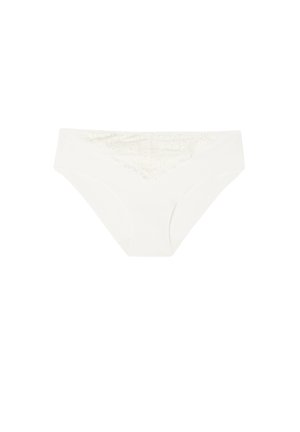 Witte dames bikini-onderbroek met een kanten paneel detail aan de voorkant van de tailleband.