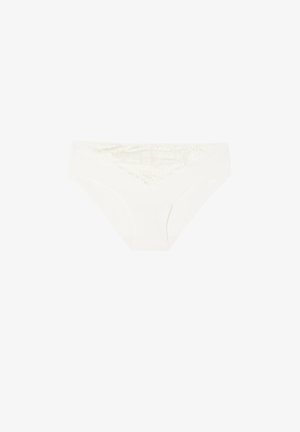 Witte dames bikini-onderbroek met een kanten paneel detail aan de voorkant van de tailleband.