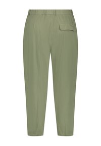 Světle zelené kalhoty s elastickým pasem, zužujícími se nohavicemi a jednou zadní kapsou. Hladká textura látky a jednoduchý design.