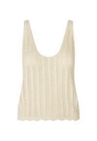 Ärmelloses Stricktop in Creme mit Lochmuster, Rundhalsausschnitt und gewelltem Saum. Strukturiertes Muster mit lässiger Passform.