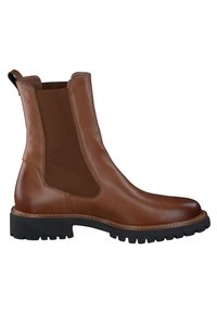 Bota Chelsea de cuero marrón con paneles elásticos en los laterales, puntera redonda, suela de goma y costura de contraste a lo largo del borde.