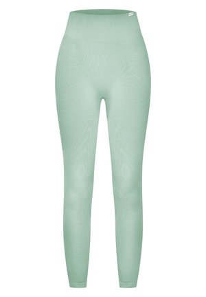 Leggings côtelés vert clair avec une taille haute, fabriqués dans un matériau extensible. Texture lisse et design à longueur complète.