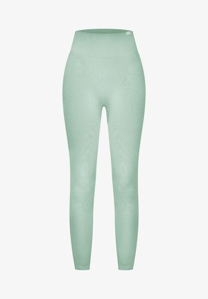 Hellgrüne, gerippte Leggings mit hohem Bund, aus dehnbarem Material gefertigt. Glatte Textur und langes Design.