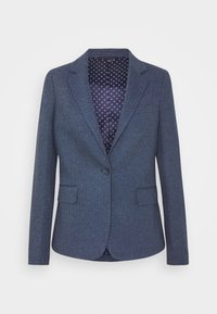 Blazer bleu marine en tissu texturé, avec un col cranté, deux poches avant et une doublure intérieure à motif. Fermeture à un bouton.
