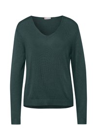 Mörkgrön långärmad V-ringad tröja med texturerad stickad tyg, ribbade muddar och nederkant, med avkopplad passform och enkel design.