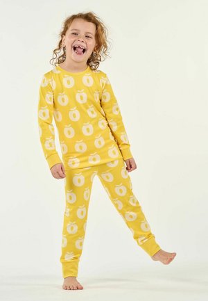 Gelb-gestreiftes Pyjama-Set mit weißen Apfelmustern, langen Ärmeln und elastischem Bund, mit einer weichen Textur und tailliertem Schnitt.