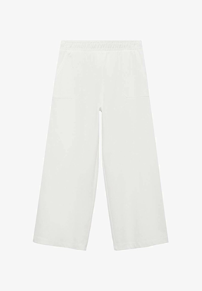 Bijele hlače širokog kroja s elastičnom gumom u struku i dva prednja džepa. Mekani materijal s glatkom teksturom i labavim krojem.