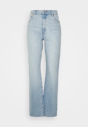 Lichtblauwe high waist spijkerbroek met rechte pijpen, knoop aan de voorkant, ritssluiting en voor- en achterzakken.