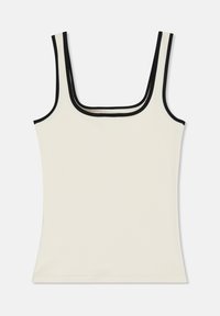 Camiseta sin mangas blanca con ribete negro en el escote y las tiras, mostrada extendida sobre un fondo claro.