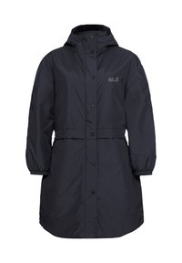 Cappotto lungo blu navy con cappuccio, polsini elasticizzati e vita con cintura. Presenta una chiusura a bottoni a pressione e un logo sulla parte superiore sinistra.