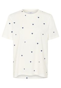 T-shirt en coton blanc à manches courtes, ornée de petits motifs de cœurs bleu marine éparpillés et d'un col rond.