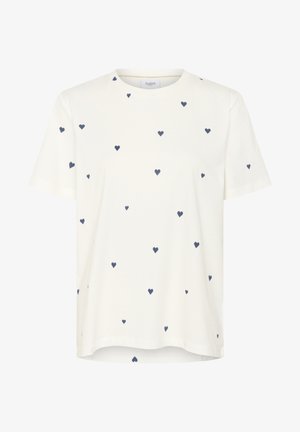 Biała bawełniana koszulka z krótkim rękawem, z drobnymi granatowymi serduszkami rozrzuconymi po całej powierzchni i okrągłym dekoltem.