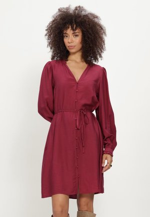 Woman with curly hair wearing long-sleeve burgundy buttoned dress with waist tie, standing against light background.