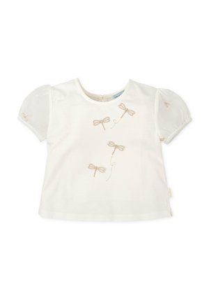 Camiseta blanca de manga corta con mangas abullonadas de organza y bordado dorado de libélula en la parte frontal. Material de algodón suave, escote redondo.