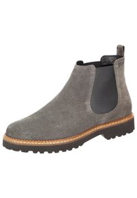 Bottine Chelsea en daim gris avec panneaux latéraux élastiques noirs, couture en surpiqûre marron, languette au talon et semelle en caoutchouc noire robuste.