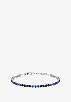 Braccialetto in argento con pietre nere e blu alternate. Il design è sottile con una catena delicata e una chiusura sicura.