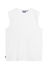 Camiseta sin mangas blanca hecha de algodón, con un escote redondo, dobladillo recto y un sutil logo grabado en la parte frontal.