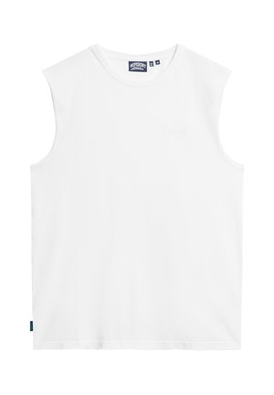 T-shirt bianca senza maniche in cotone, con scollatura rotonda, orlo dritto e un logo sottile in rilievo sul davanti.