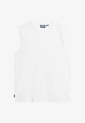 Biała koszulka bez rękawów z bawełny, z okrągłym dekoltem, prostym dołem i subtelnym logo wytłoczonym z przodu.