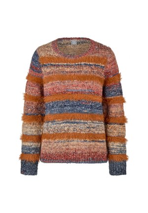 Mehrfarbiger gestrickter Pullover mit horizontalen Streifen und flauschigen orangefarbenen Bändern über Körper und Ärmeln, Rundhalsausschnitt und langen Ärmeln.