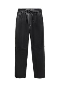 Pantalon en similicuir noir avec taille élastique et cordon de serrage, présentant une coupe décontractée et un contraste de textures mates et brillantes.