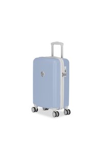Harde koffer in lichtblauw met een gestructureerd geometrisch patroon, witte rits en uitschuifbare handgreep. Voorzien van vier draaibare wielen.