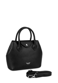 Black leather handbag with rounded shape, dual handles, and a detachable strap. Features a snap closure and silver logo detail on front.
