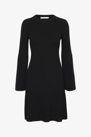 Black ribbed knit dress with long sleeves, round neckline, fitted bodice, flared hem, and side slit details. Smooth texture and structured design.