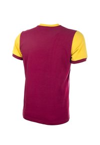 Korte mouw t-shirt, kastanjebruine stof met gele mouwen, geribbelde halslijn, katoen materiaal, relaxte pasvorm, zachte textuur, geen zichtbare logo's.