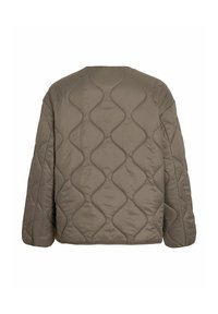 Veste matelassée olive avec un motif de coutures ondulées, manches longues et un col rond simple, vue de dos.