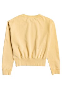 Sweatshirt court à manches longues jaune clair avec poignets, ourlet et encolure ras-du-cou côtelés, montré de dos sur un fond blanc.