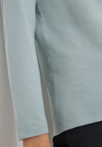 Top azzurro chiaro a maniche lunghe realizzato in tessuto morbido. Presenta un collo a giro, una texture liscia e un sottile dettaglio di cucitura lungo l'orlo.