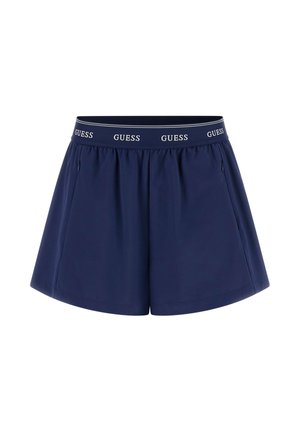 Marineblauwe sportshort met elastische tailleband, voorzien van herhaalde witte "GUESS" logo's en zijzakken.