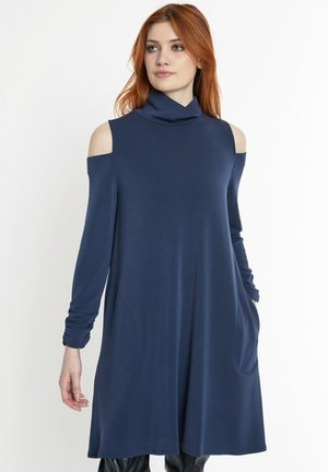 Navy-blaues Cold-Shoulder-Kleid mit hohem Kragen, langen Ärmeln und Seitentaschen, aus weichem, dehnbarem Material gefertigt.