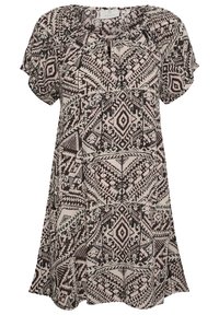 Sukienka z krótkim rękawem z okrągłym dekoltem oraz abstrakcyjnymi czarno-beżowymi wzorami geometrycznymi, luźny krój z marszczonym detalem dekoltu.