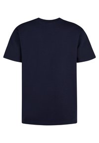 Marineblauw katoenen T-shirt met korte mouwen, ronde hals en een gladde textuur, met een effen achterkant zonder patronen of accenten.
