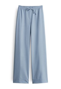Light blue, wide-leg pants with an elastic waistband and drawstring. Smooth texture with a subtle striped pattern running vertically.