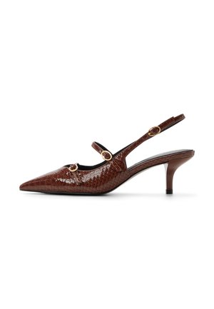 Zapato slingback de punta puntiaguda con estampado de piel de serpiente marrón, dos hebillas doradas y tacón kitten bajo sobre fondo blanco.