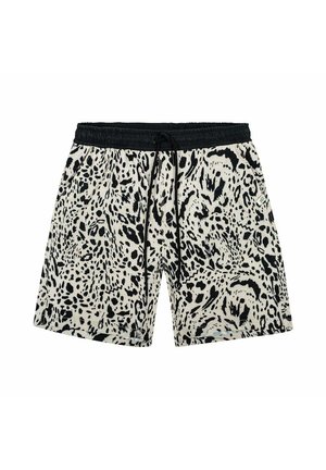 Jasnobeżowe szorty z czarnym abstrakcyjnym zwierzęcym wzorem, elastycznym paskiem w talii i czarnym sznurkiem do wiązania.
